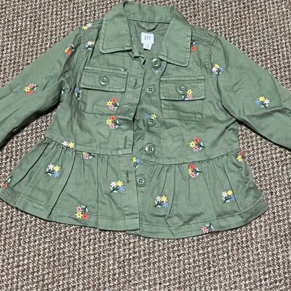 Gap 3t army green color stylish flower embroidered overcoat jacket - Picture 1 of 3